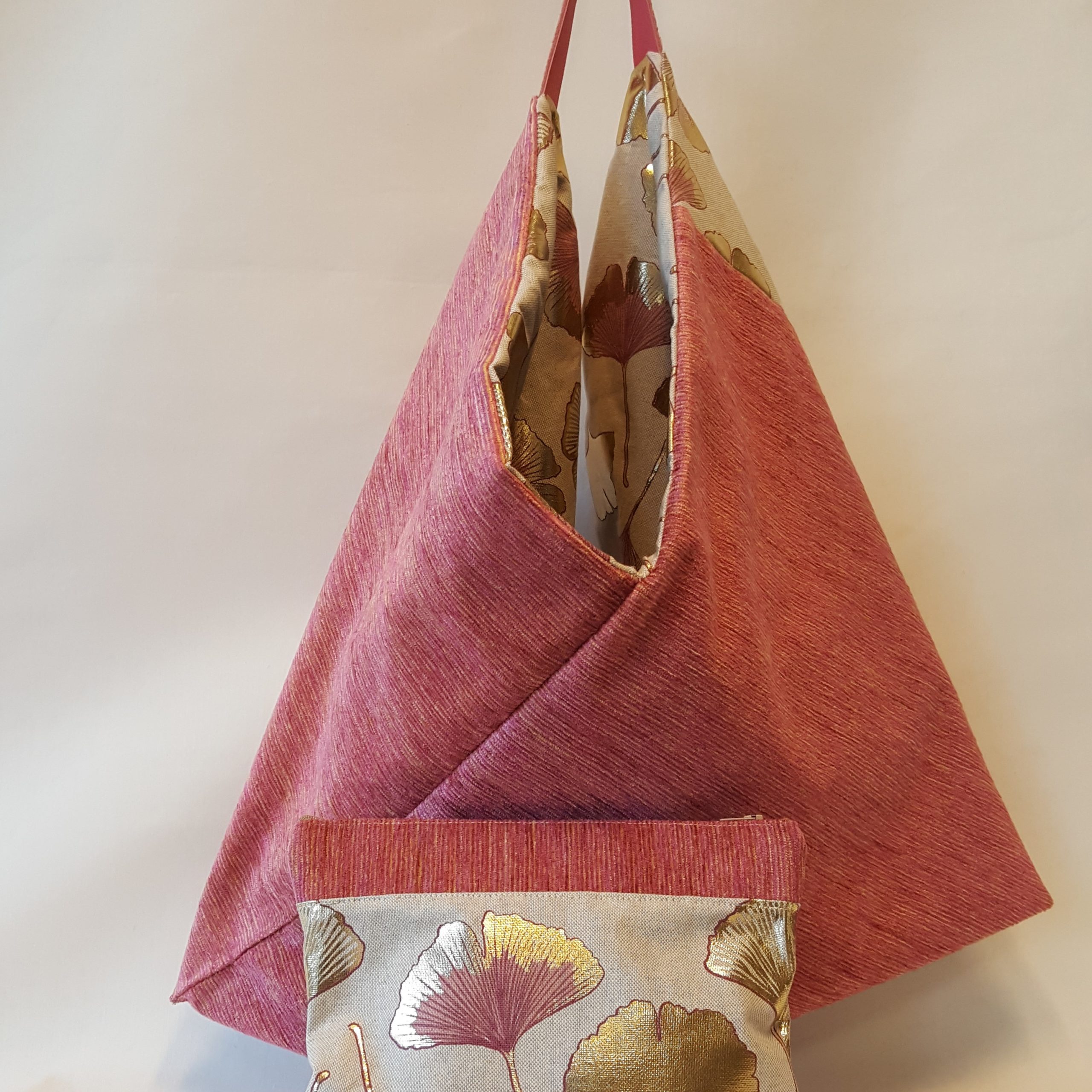Sac grand origami réversible et sa pochette Ginko pink Les Enchanteuses