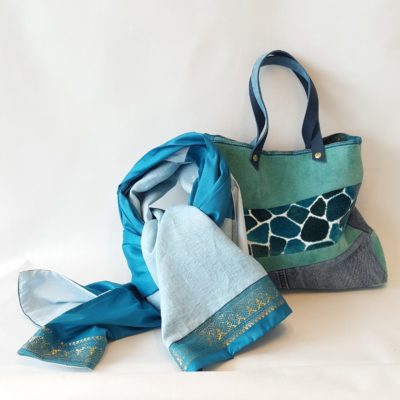 sac et étole cuir-velours-lin turquoise